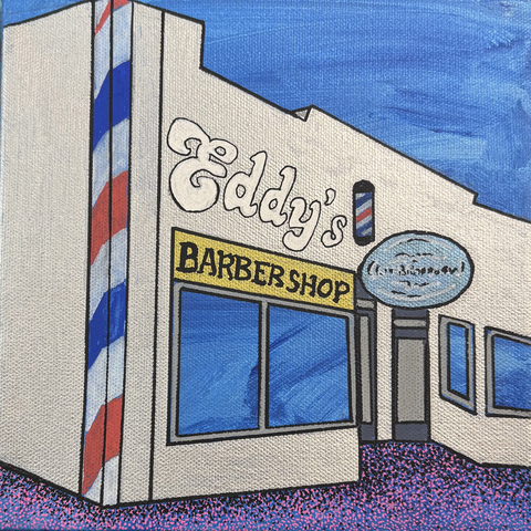 Eddy's Barber Shop, 8"x8" Acrylic Paint & Pens on Stretched Canvas