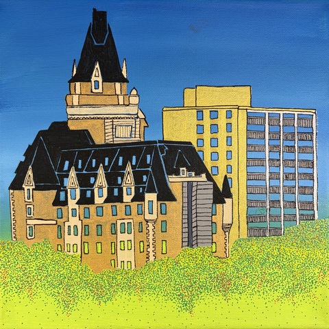 SOLD - Bessborough & Spadina Tower, 12"x12", Acrylic Paint & Pens on Stretched Canvas
