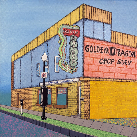 Golden Dragon, 1912-2015, 14"x14" Acrylic Paint & Pens on Stretched Canvas